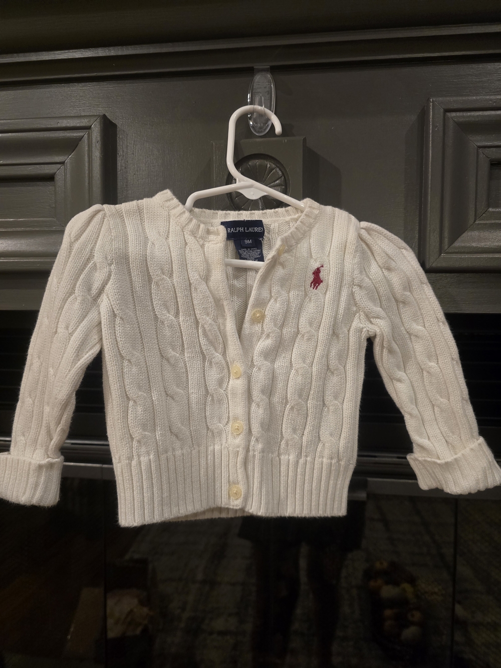 Ralph Lauren Baby Cable-Knit Cardigan Jacket in White with Pink Pony